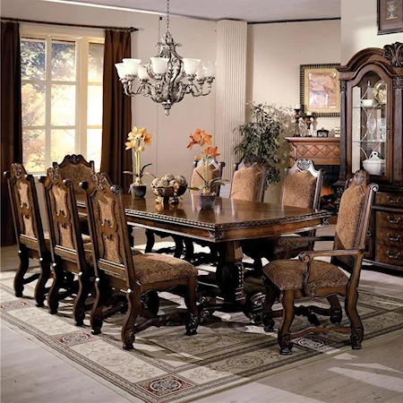 Double Pedestal Dining Table and Chairs with Traditional Upholstered Seats