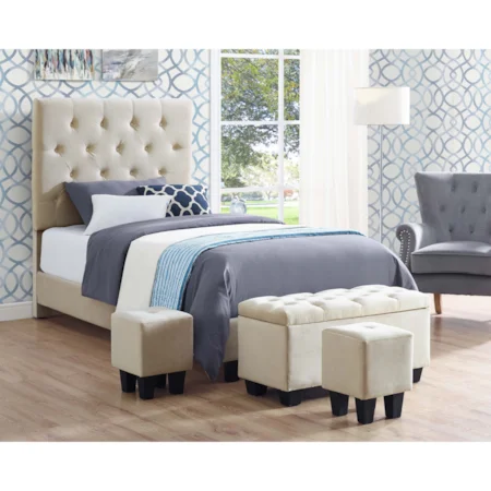 Twin Upholstered Bed with Ottoman Set