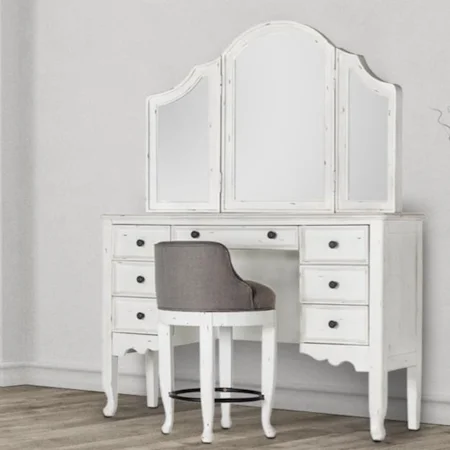 Cottage Antique White 7-Drawer Make Up Vanity with USB and AC Outlets