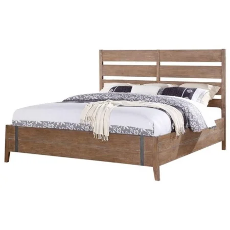 Queen Low Profile Bed with Slat Headboard and Metal Accents