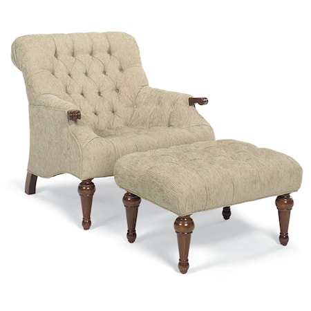 Button-Tufted Chair and Ottoman with Turned Wood Legs