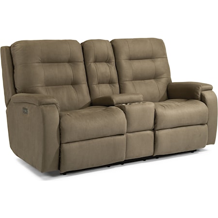 Contemporary Power Reclining Console Loveseat with Power Headrest and Lumbar