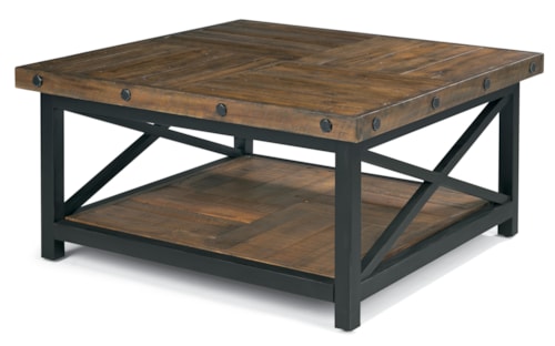 Square Cocktail Table with Metal Base and Wood Plank Top