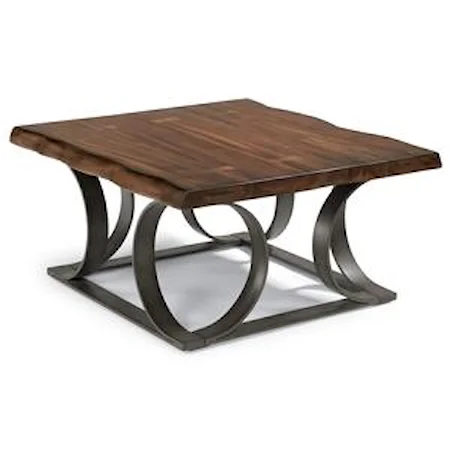 Rustic Log-Cut Square Cocktail Table with Dark Metal Base