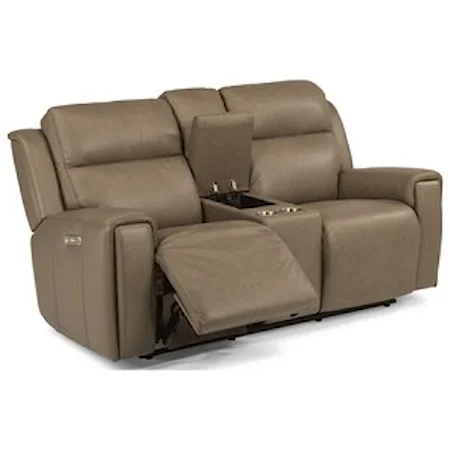 Contemporary Power Reclining Console Loveseat with Power Headrest and USB Ports