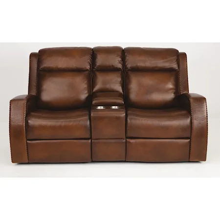 Rustic Leather Power Console Reclining Loveseat with Southwest Inspiration and Power Headrests