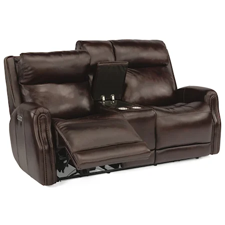 Transitional Power Leather Console Loveseat with Power Headrest