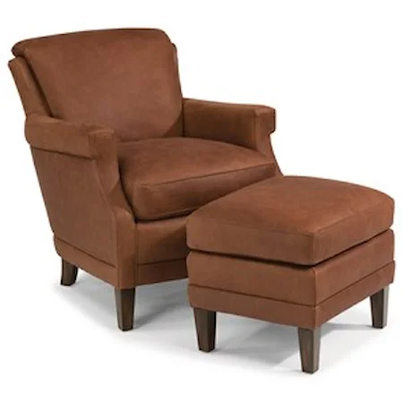 Contemporary Leather Chair and Ottoman Set with Tall, Tapered Legs
