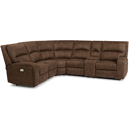 Contemporary Power Reclining 5 Seat Sectional with Power Headrests, USB Ports and Console