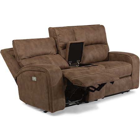 Contemporary Power Reclining Loveseat with Console, Cupholders and Power Headrests