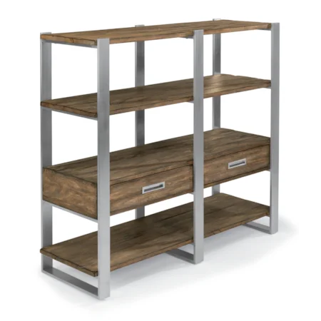Contemporary Industrial Bookshelf with Two Closed Storage Drawers