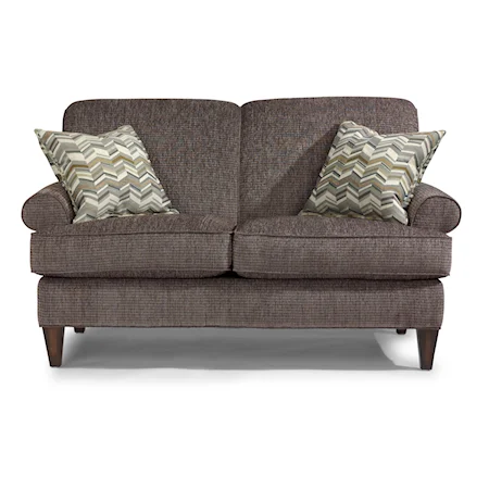 Transitional Loveseat with Rolled Arms and Tapered Legs