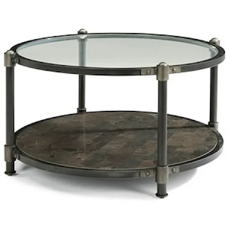 Industrial Round Cocktail Table with Bluestone Shelf