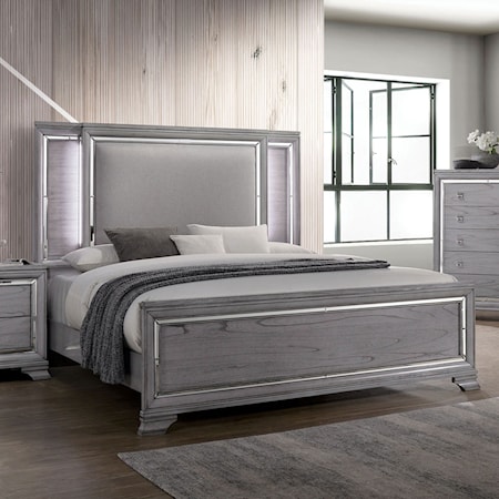 Glam Contemporary King Upholstered Bed with LED Light Trim