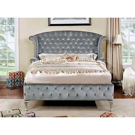 Transitional Queen Upholstered Bed with Button Tufting