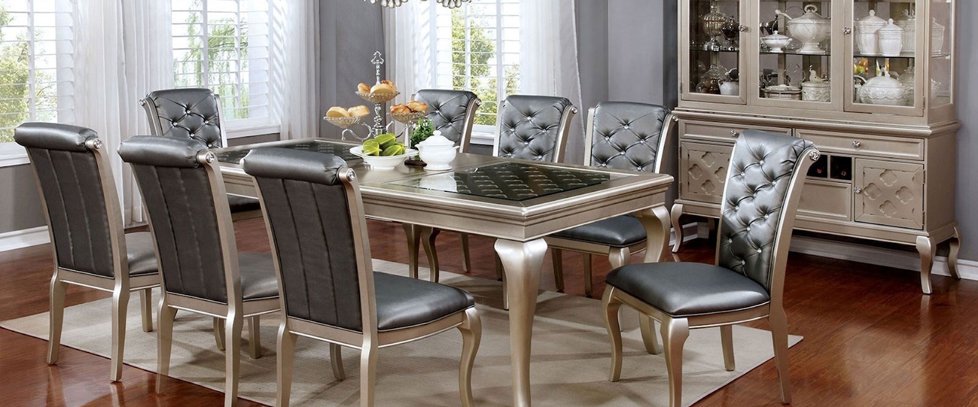 Transitional 9 Piece Dining Set with Leaf and Button Tufted Chairs