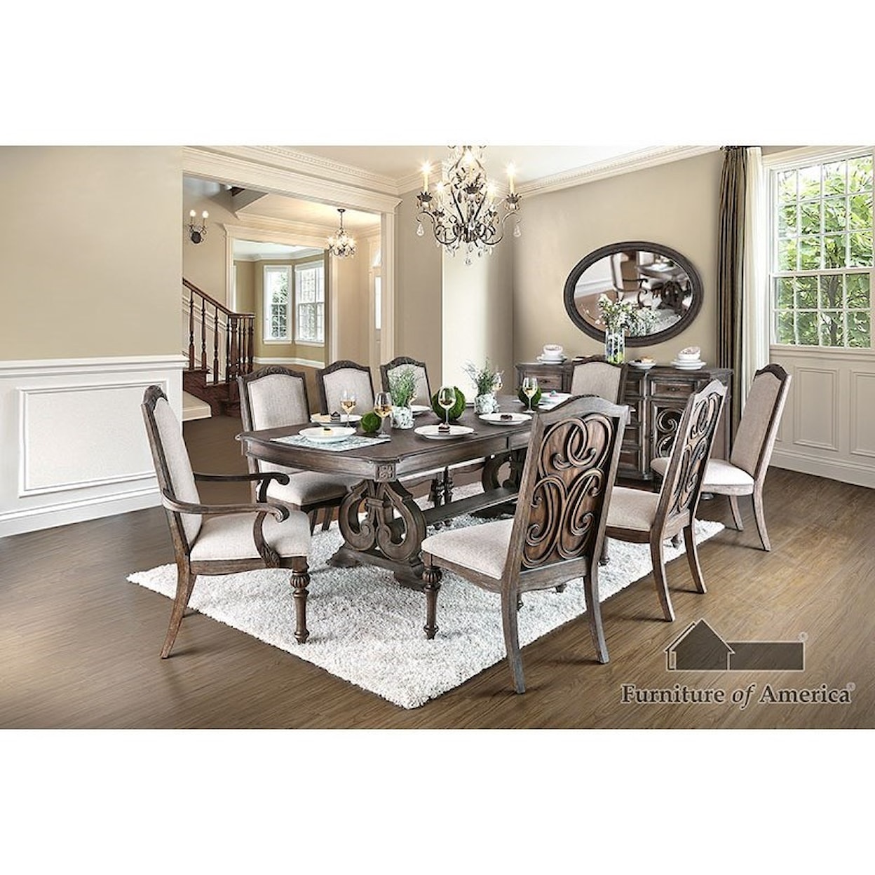 Furniture of America Arcadia Table + 2 Arm Chair + 4 Side Chairs