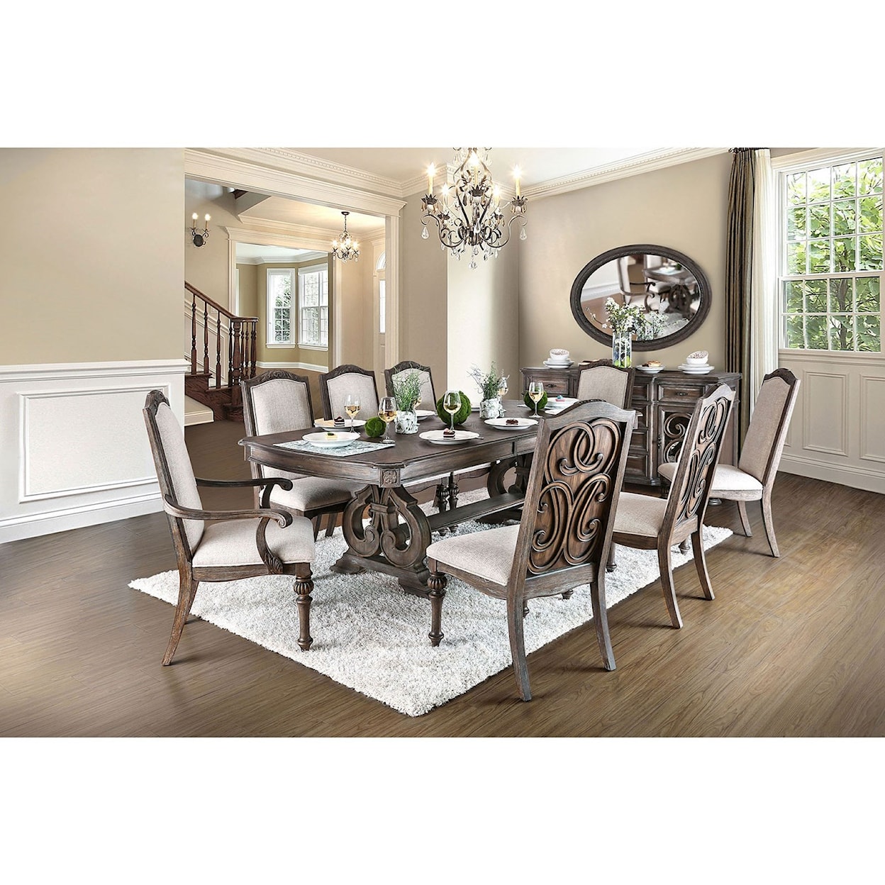 Furniture of America Arcadia Table + 2 Arm Chair + 6 Side Chairs