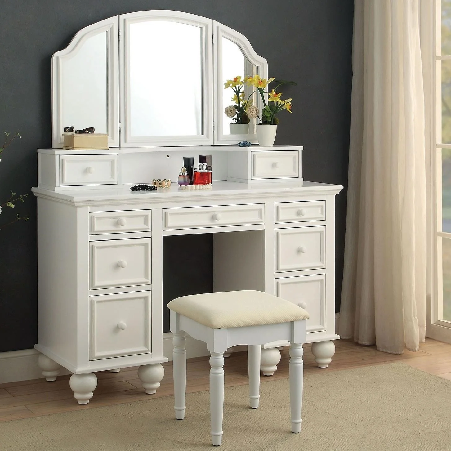 Furniture of America Athy CMDK6848WH Traditional Makeup Vanity Table with Upholstered Stool
