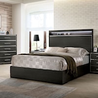 Contemporary King Panel Bed with Open Shelf, LED Touch Lights, and Chrome Trim