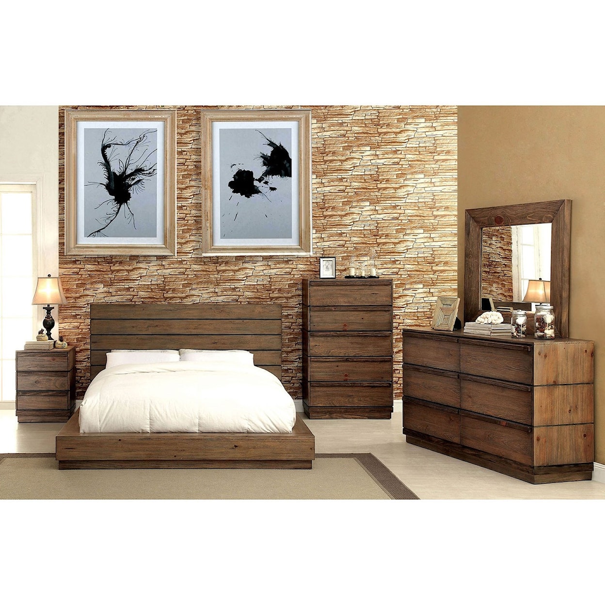 Furniture of America Coimbra Queen Bed and 1NS and Dresser and Mirror