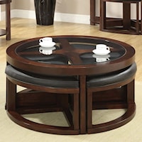 Contemporary Cocktail Table with Glass Top and 4 Ottomans