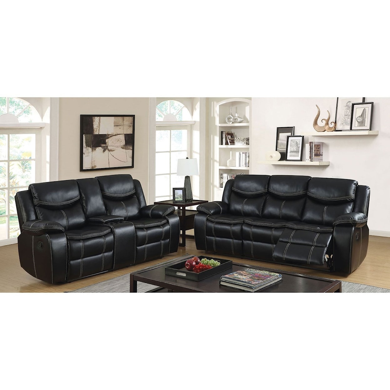 Furniture of America Pollux Reclining Sofa and Loveseat w/ Console Set