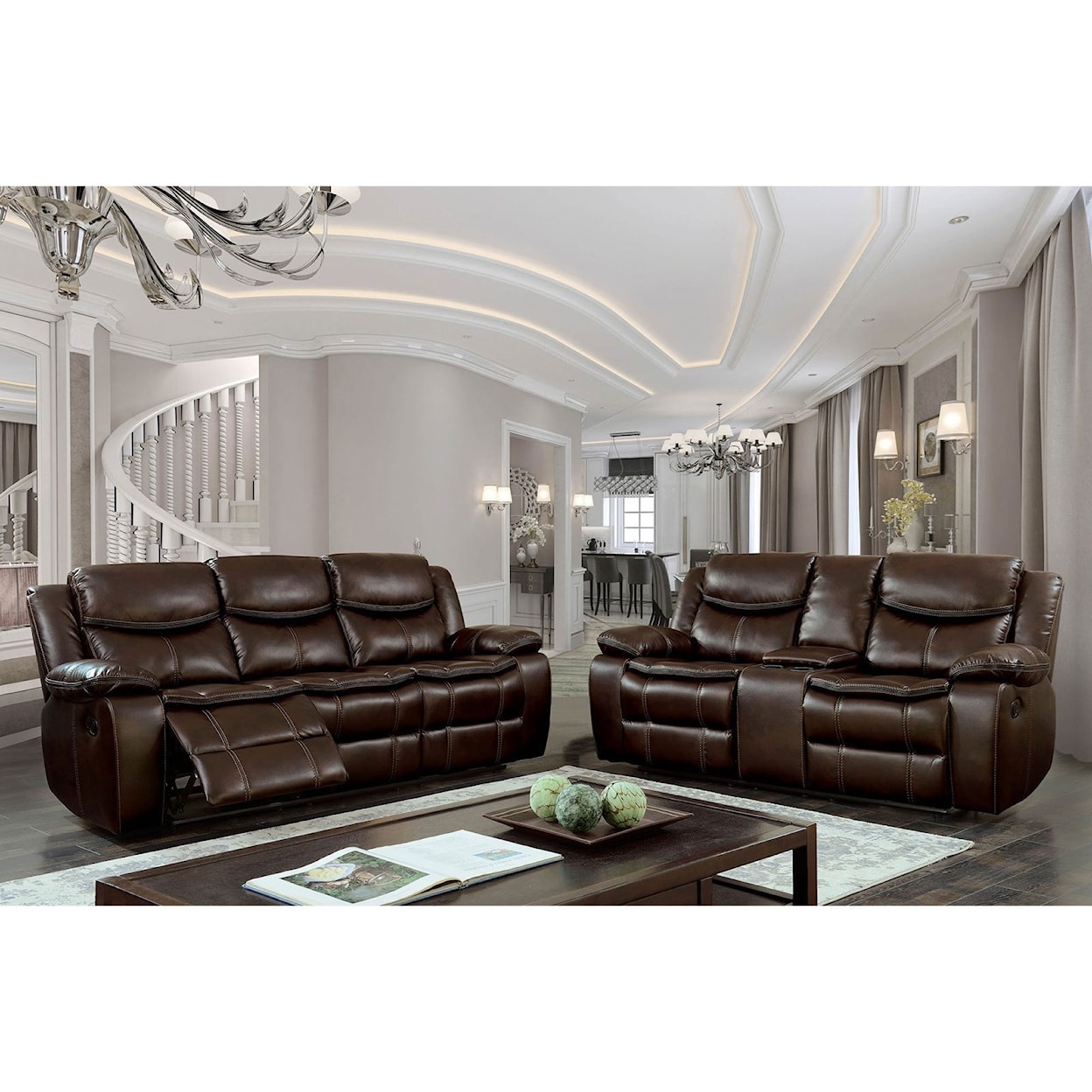 Furniture of America Pollux Reclining Sofa and Loveseat w/ Console Set