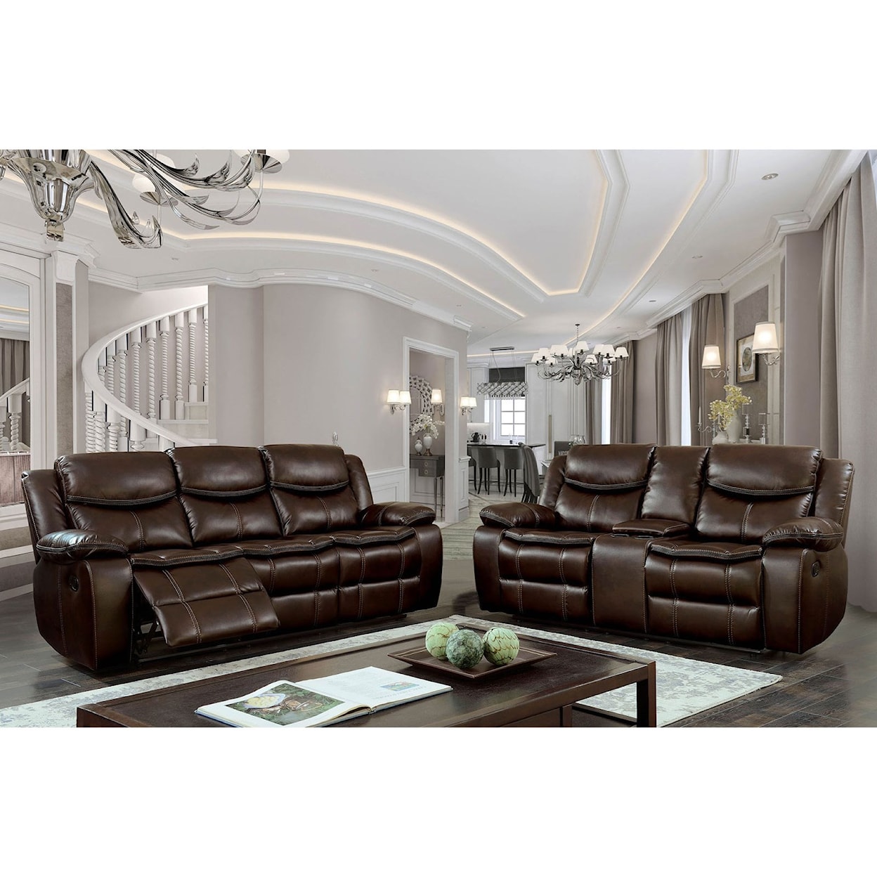 Furniture of America - FOA Pollux Loveseat w/ Console & 2 Recliners