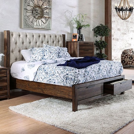 Transitional California King Upholstered Bed with Footboard Storage