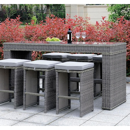 Contemporary Gray Wicker Bar Height Patio Table with Glass Top
