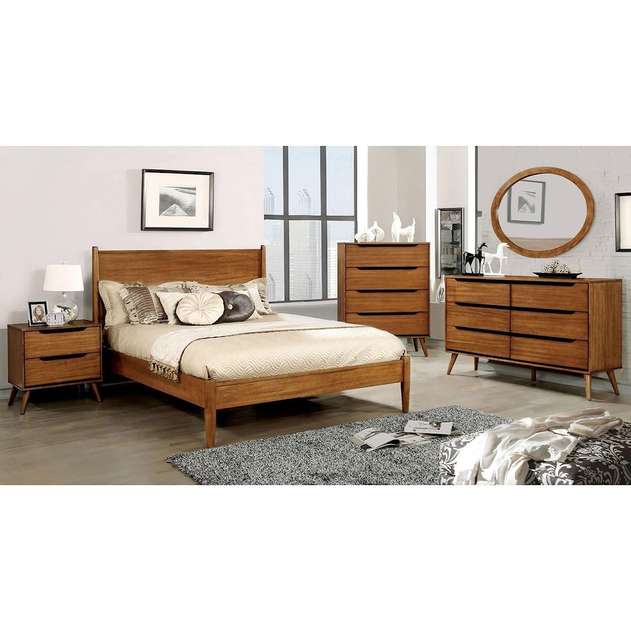 Furniture of America Lennart Queen Bed and 1NS and Dresser and Oval Mirro