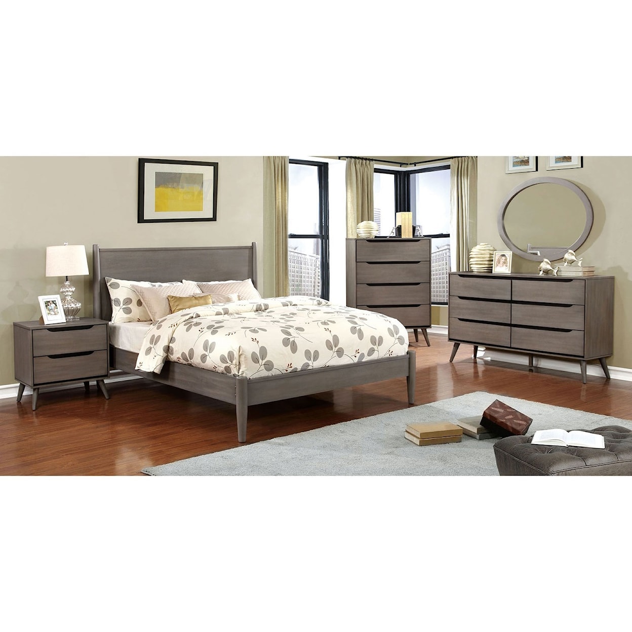 Furniture of America - FOA Lennart Queen Bed and 1NS and Dresser and Oval Mirro