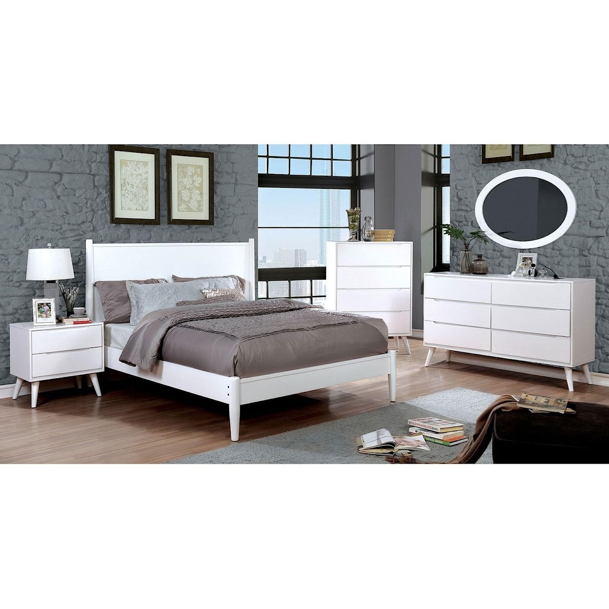 Furniture of America Lennart Queen Bed and 1NS and Dresser and Oval Mirro