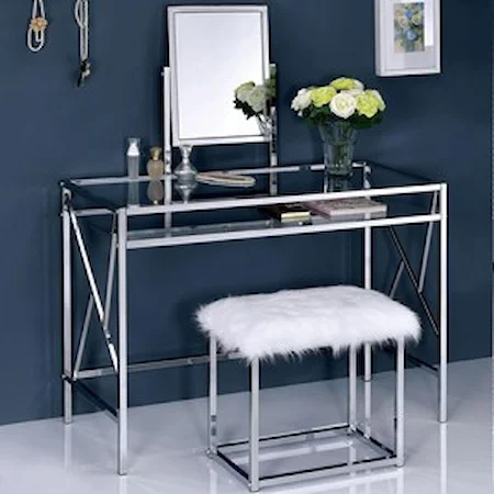 Glam Makeup Vanity Table with Glass Top and Faux Fur Stool