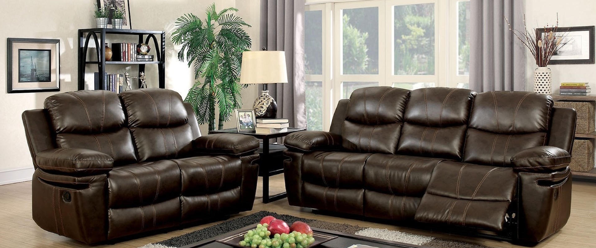 Transitional Reclining Sofa and Loveseat Set with Plush Cushions