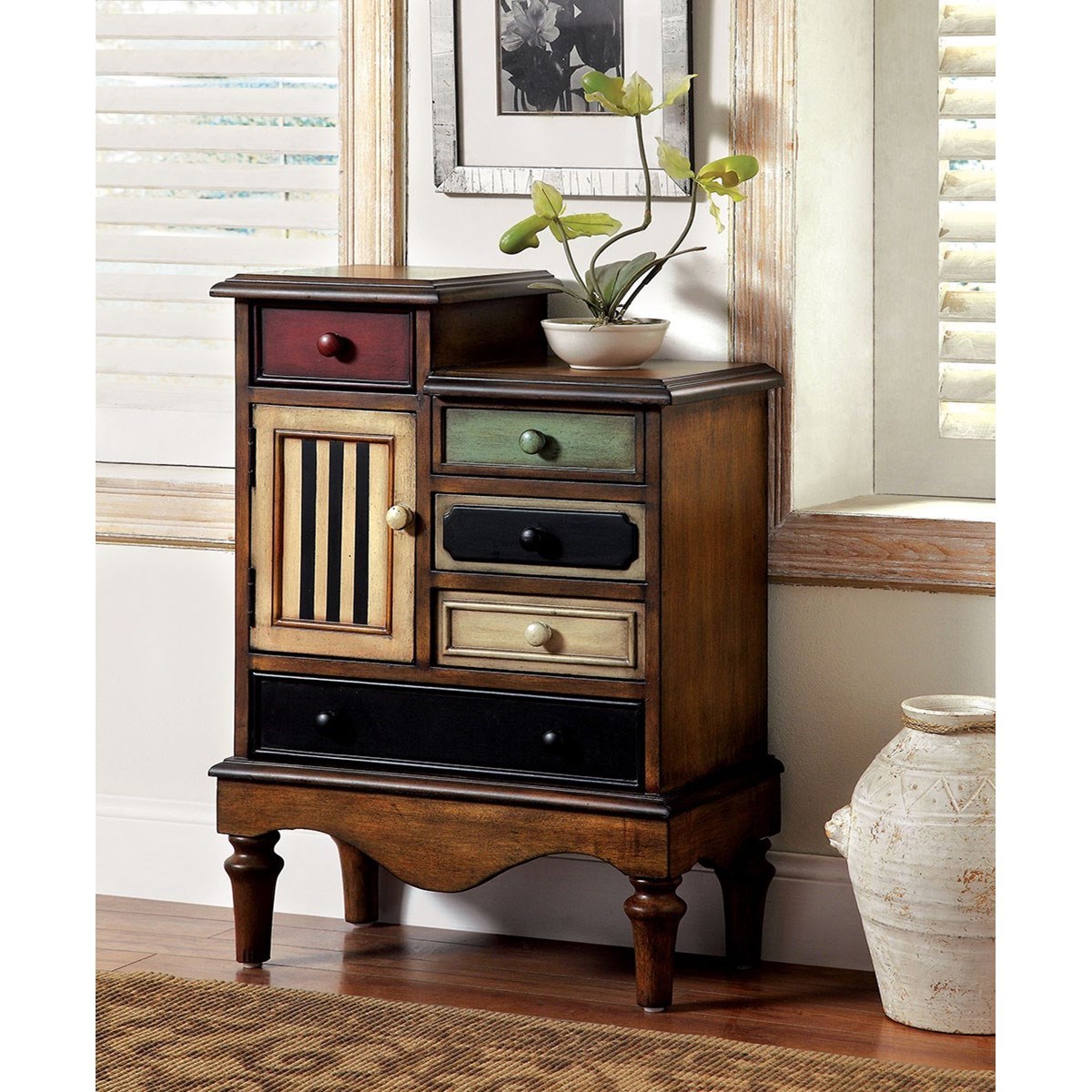 Multi colored outlet accent cabinet