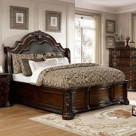 Traditional Queen Panel Bed with Prominent Leatherette Headboard