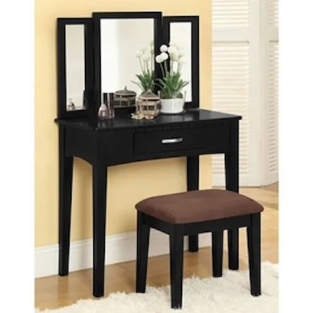 Transitional Vanity Table with Padded Stool and Tri-Fold Mirror