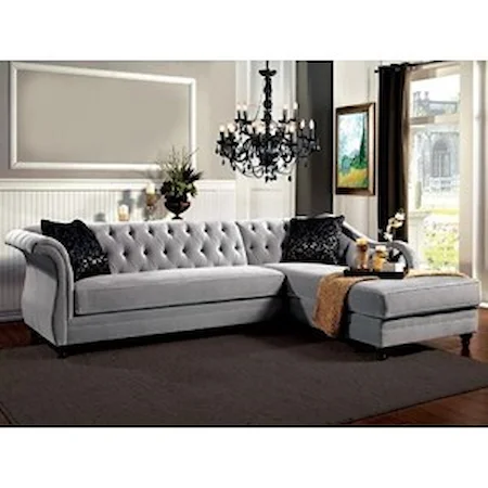 Tufted Sectional Sofa with Chaise and Faux Crystal Buttons