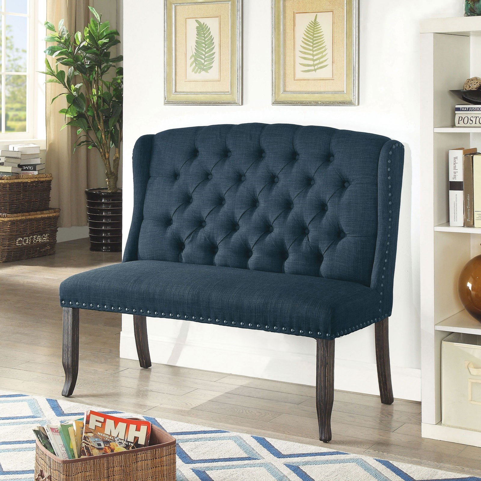 Furniture of America Sania III CM3324BK BL BN Transitional Love Seat Upholstered Bench with Tufted Back and Nailhead Trim Corner Furniture Dining Benches