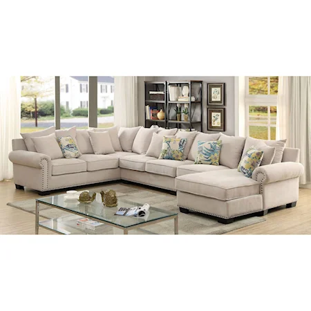 4 Piece Sectional Sofa with Scattered Back Pillows and Nailhead Trim