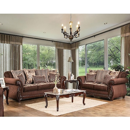 Furniture of America Tally 2-Piece Brown Wood and Plaid Sofa and Loveseat  Set