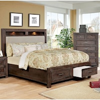 Transitional California King 2-Drawer Storage Bed with Upholstered Headboard and LED Touch Lights