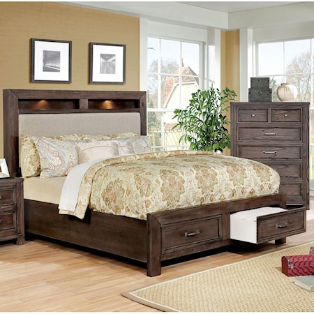 Transitional King 2-Drawer Storage Bed with Upholstered Headboard and LED Touch Lights