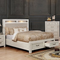 Transitional California King 2-Drawer Storage Bed with Upholstered Headboard and LED Touch Lights