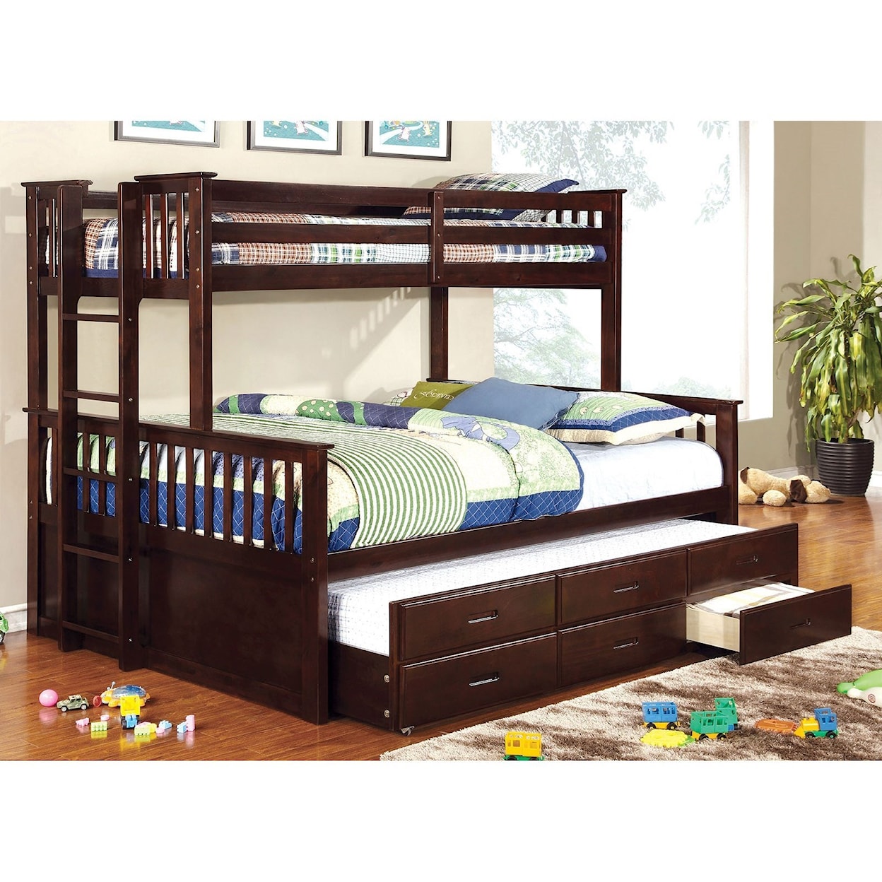 FUSA University Twin-over-Queen Bunk Bed and Trundle