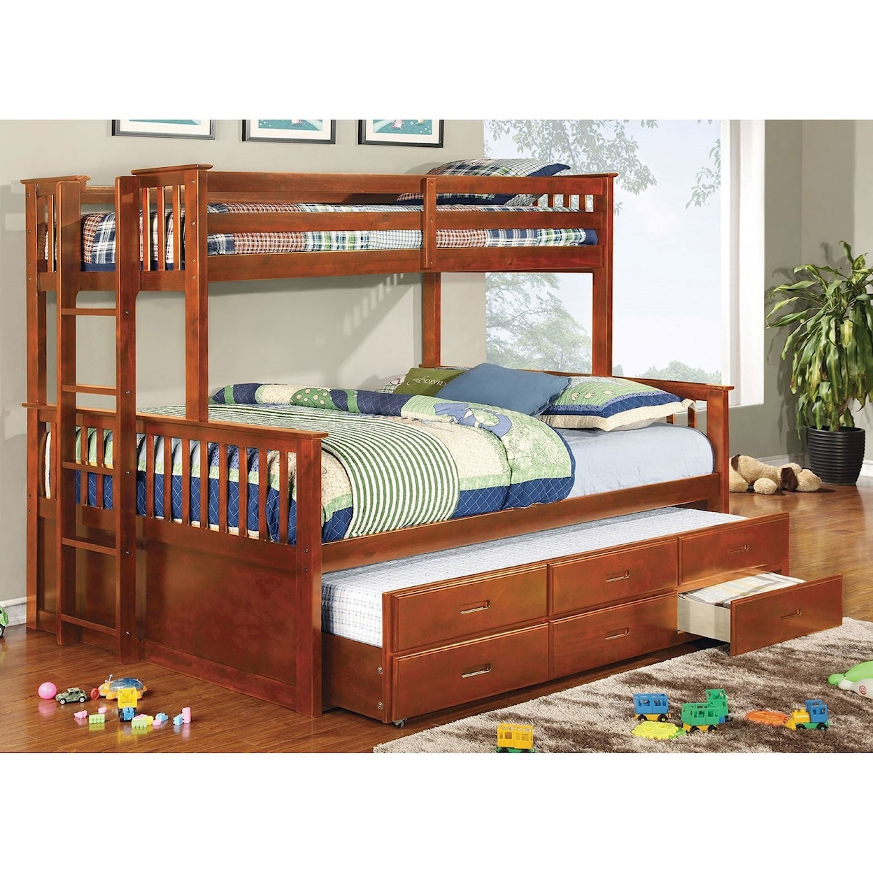 FUSA University Twin-over-Queen Bunk Bed and Trundle