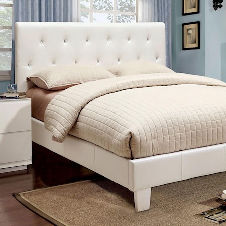 California King Faux Leather Upholstered Bed with Acrylic Crystal Buttons