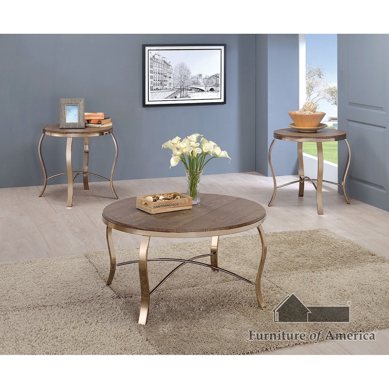 Furniture of America Wicklow GOLD & WOOD 3 PC OCCASIONAL SET |